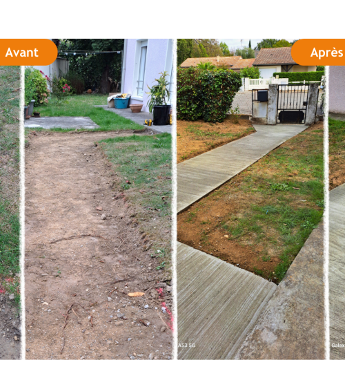 Terrain en pente difficile d’accès à Le Passage avant travaux : un sol irrégulier nécessitant une rénovation pour sécuriser les déplacements.