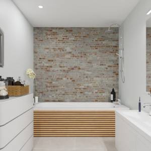 Salle de bain lumineuse avec pierre de parement et bois