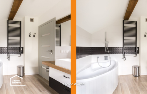 Aménagement de salle de bain à Agen avec WC suspendu, meuble vasque et rangements noirs sur mesure.
