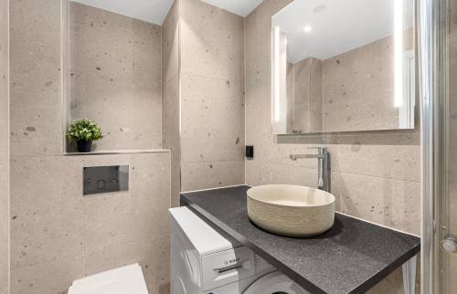 Transformation ancienne salle de bain en SDE avec WC suspendu et raccordement lave-linge sous tablette à Pleyben (29190)- 