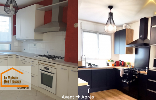 Avant/après rénovation de cuisine à Quimper : transformation complète vers un espace moderne, fonctionnel et harmonieux, coordonnée par Lucie, courtière en travaux.