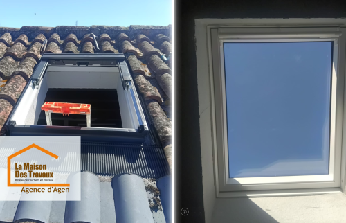 Avant-après de la pose d’un Velux GGL Confort sur toit tuilé : une intervention technique réussie pour un confort thermique et lumineux.