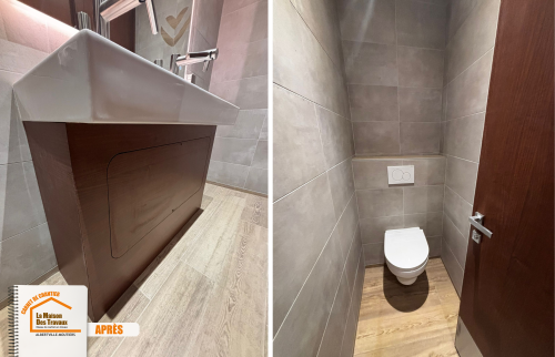 Toilettes ambiance luxe, Maison des Travaux Albertville, Rénovation station ski, Design alpin contemporain