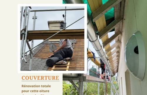  Dépose de l’ancienne couverture et sécurisation du chantier grâce à un échafaudage professionnel – rénovation toiture maison années 70 à Saint-Brieuc.