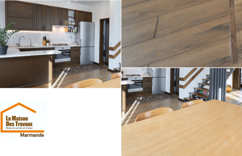 Aménagement d’une cuisine ouverte à Marmande avec sol effet bois, escalier contemporain et coin repas chaleureux dans une maison rénovée avec goût.