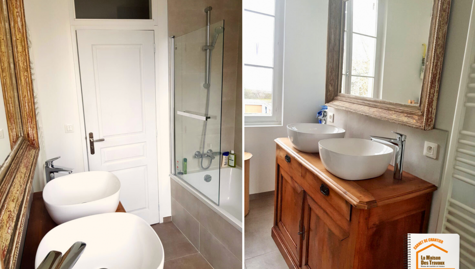 rénovation salle de bain Demi-Quartier, meuble rénové aérogommage, artisan rénovation Haute-Savoie, baignoire encastrée moderne, carrelage salle de bain montagne, la maison des travaux chamonix, la maison des travaux sallanches