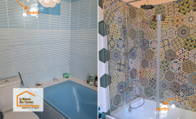 Avant / après d’une rénovation de salle de bain entre Agen et Boé : transformation complète d’un espace ancien en une pièce moderne et lumineuse.