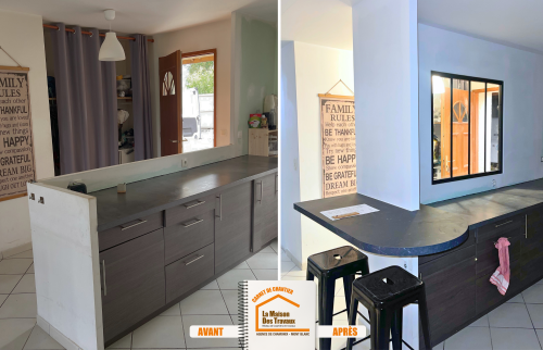 séparation cuisine verrière, aménagement cuisine conviviale La Clusaz, rénovation maison de montagne, courtier en travaux Haute-Savoie, cuisine moderne avec bar, La Maison des Travaux Chamonix