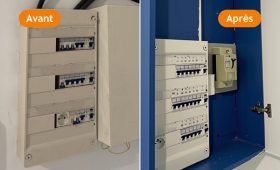 Avant-après d’un tableau électrique rénové près d’Agen, avec refonte du coffret et meilleure organisation des protections et circuits.