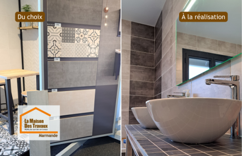 Douche à l’italienne moderne avec carrelage effet béton et finitions soignées réalisée près de Marmande pour une salle de bain élégante et durable.