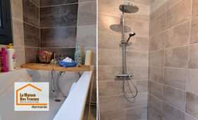 Choix des carrelages et rendu final d’une salle de bain rénovée près de Marmande. Une réalisation personnalisée accompagnée par La Maison Des Travaux.