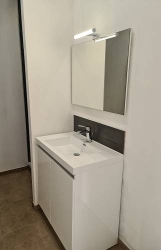 Aménagement meuble vasque lavabo avec éclairage et miroir + porte coupe-feu donnant sur couloir central - Argol (29560)