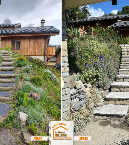 escalier extérieur pierre Le Grand-Bornand, aménagement extérieur Savoie, artisan maçonnerie Chamonix, rénovation accès maison montagne, courtier travaux Haute-Savoie, La Maison des Travaux Chamonix