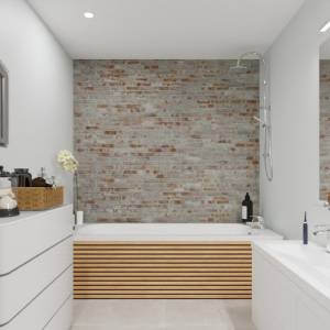 Salle de bain lumineuse avec pierre de parement et bois