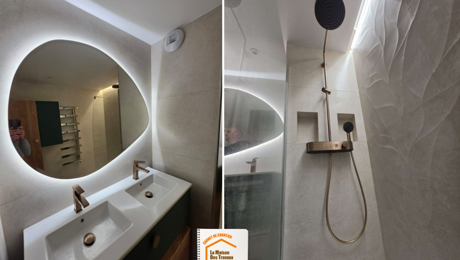  rénovation salle de bain Sallanches, douche design moderne, carrelage grand format salle de bain, rénovation salle de bain Haute-Savoie, la maison des travaux chamonix