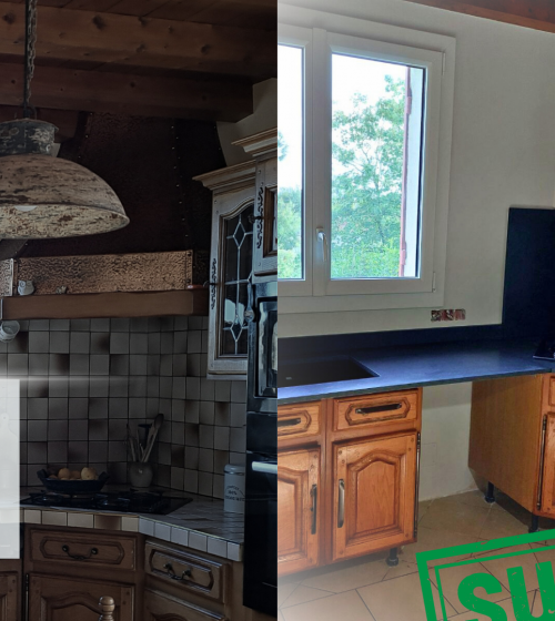 Rénovation de cuisine à Pardaillan : Avant/après impressionnant ! Modernisation réussie avec un plan de travail noir et une hotte design.