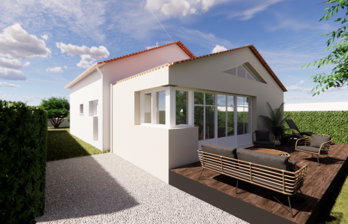 Création d'une extension de maison de 20 m² à Rezé (44400) - vue du jardin : baie vitrée type verrière - plan 3D