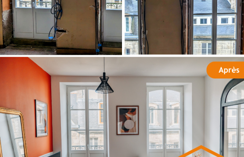 Un salon sombre transformé en pièce lumineuse et chaleureuse, pour un appartement rénové avec goût au cœur de Quimper.