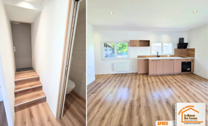  installation cuisine équipée, studio moderne Savoie, transformation avant après garage, rénovation intérieure maison, studio avec salle de bain intégrée