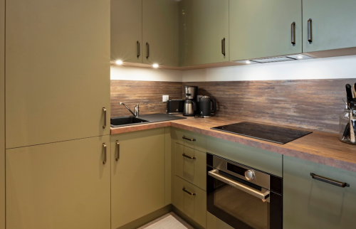 Travaux de rénovation cuisine sur roscanvel (29570)  décor mélaminé vert et chêne rustique