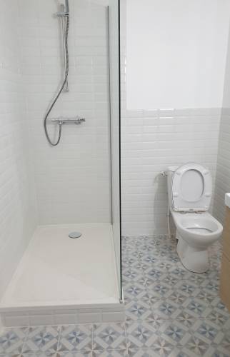 Intégration receveur surélevé, robinetterie avec parois de protections coulissantes à Pleyben (29190)