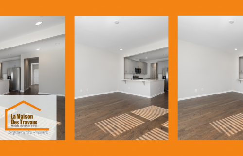 Transformation complète d’un séjour lumineux à Vesoul avec parquet bois et cuisine intégrée.