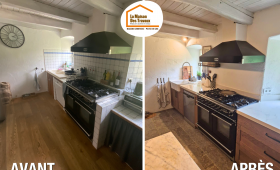 cuisine moderne artisanale, dressing fonctionnel Lully, courtier rénovation intérieure, agencement personnalisé Haute-Savoie, cuisine bois et pierre