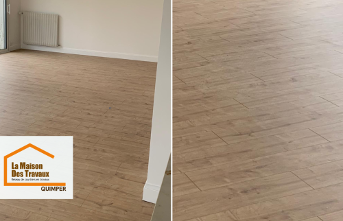 Rénovation de sol à Tréffiagat avec pose d’un revêtement aspect bois. Un intérieur lumineux et harmonieux, accompagné par Lucie, courtière en travaux à Quimper.