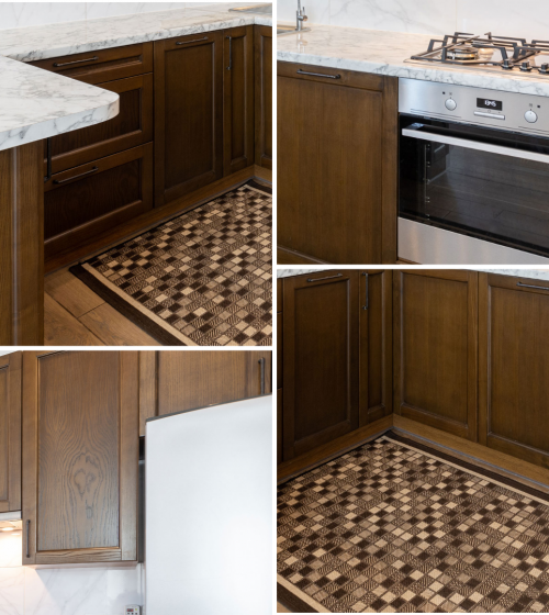 Rénovation de cuisine à Marmande : meubles en bois massif, plan de travail en marbre et électroménager encastré pour un rendu à la fois chaleureux et haut de gamme.