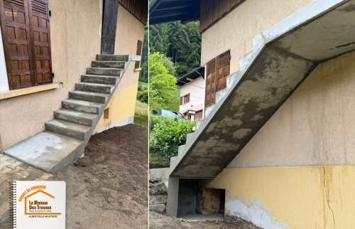 structure escalier béton invisible, architecture moderne intérieure, chantier escalier technique Savoie, escalier effet suspendu, escalier personnalisé La Maison des Travaux