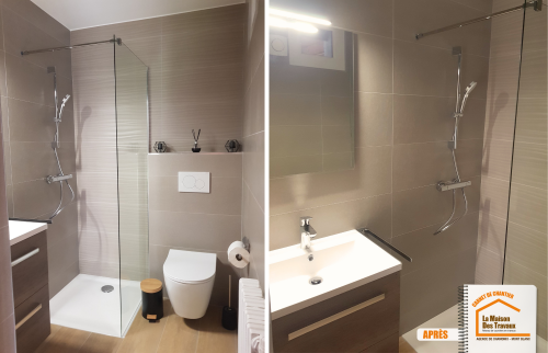 courtier travaux Chamonix Mont-Blanc, rénovation intérieure Le Grand-Bornand, salle de bain design montagne, carrelage moderne salle de bain, artisan fiable Haute-Savoie