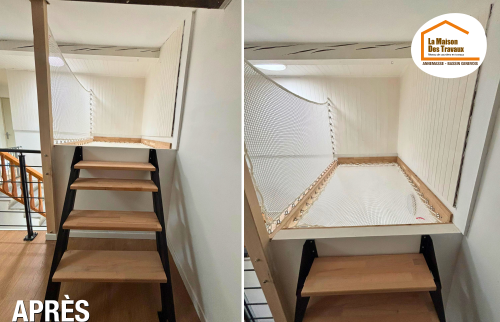 La Maison des Travaux Annemasse Bassin Genevois, rénovation grenier Ville-en-Sallaz, création mezzanine Haute-Savoie, filet d’habitation design, aménagement combles Bassin Genevois