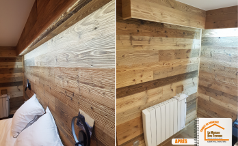 travaux rénovation Méribel, La Maison des Travaux Moûtiers, cloison chambre montagne, déco bois contemporain, ambiance montagnarde moderne, prix bardage bois