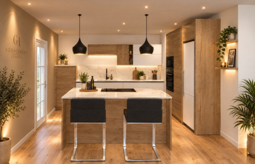 Conception 3D d’une cuisine ouverte avec îlot central à Pordic, près de Saint-Brieuc
