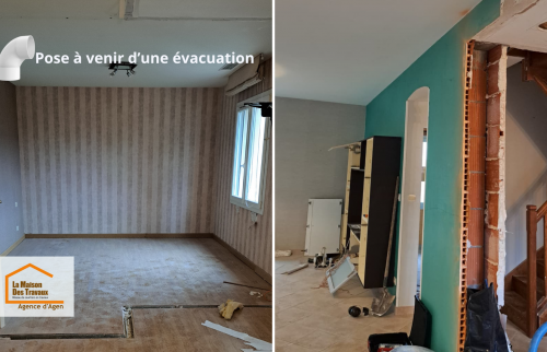 Rénovation globale à Agen : préparation des réseaux avec pose à venir d’une évacuation pour optimiser la future cuisine et les installations sanitaires.