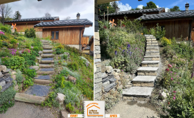 escalier extérieur pierre Le Grand-Bornand, aménagement extérieur Savoie, artisan maçonnerie Chamonix, rénovation accès maison montagne, courtier travaux Haute-Savoie, La Maison des Travaux Chamonix
