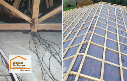 Installation d’un écran de sous-toiture TERREAL et de nouveaux liteaux lors d’une rénovation complète de couverture à Montayral dans le Lot-et-Garonne.