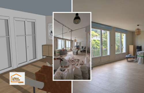 Transformation d’une maison dans le Finistère Sud avec ouverture de la cuisine sur le salon. Une rénovation intérieure qui améliore la luminosité, la circulation et le confort quotidien.