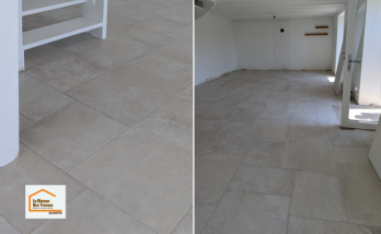 Rénovation globale d’une maison dans le Finistère Sud avec pose d’un carrelage grand format. Un espace lumineux en préparation avant l’installation de la cuisine, réalisé avec La Maison Des Travaux Quimper.