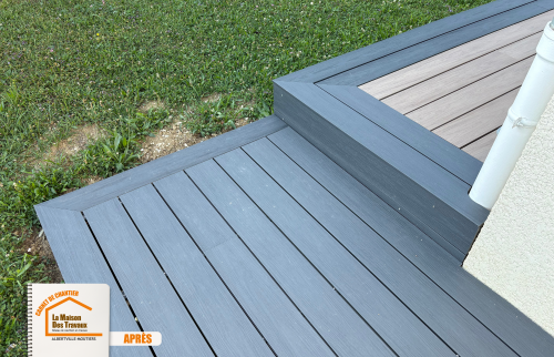 aménagement terrasse surélevée, projet terrasse Moûtiers, rénovation extérieure Mercury, pose terrasse sans vis, terrasse et entrée maison