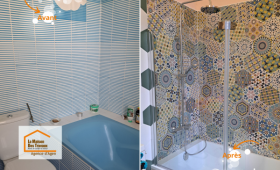 Avant / après d’une rénovation de salle de bain entre Agen et Boé : transformation complète d’un espace ancien en une pièce moderne et lumineuse.