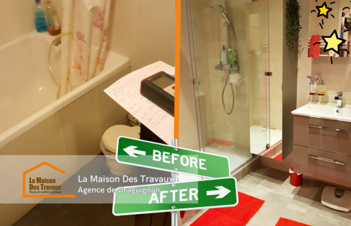 Vue de la transformation complète, montrant le remplacement de la baignoire par une douche spacieuse.