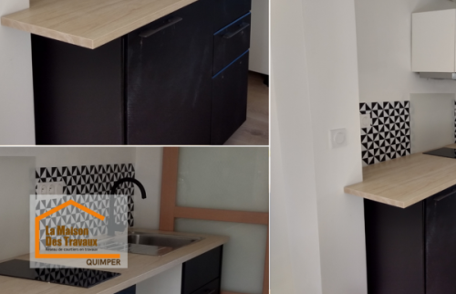 Détail du plan de travail effet bois installé lors d’une rénovation de cuisine à Quimper, apportant chaleur et modernité à l’espace.
