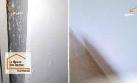 Avant/Après impressionnant à Virazeil : un mur rongé par l’humidité transformé en surface saine et parfaitement repeinte grâce à une rénovation experte.