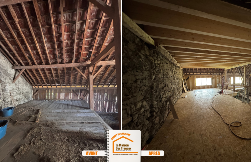 transformation grange habitation, rénovation structure bois, création mezzanine Combloux, réhabilitation bâtiment ancien, rénovation intérieure montagne