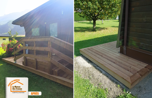 La Maison des Travaux Albertville, création terrasse bois La Léchère, bardage aluminium façade, terrasse dépendance chalet, artisan extérieur Savoie, courtier en travaux, artisan fiable