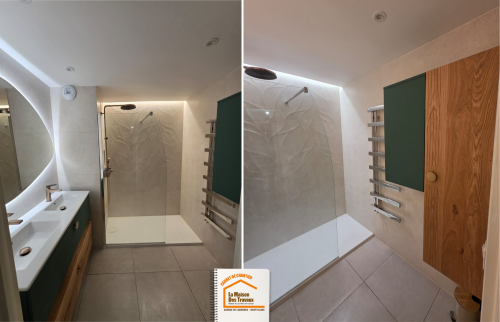 salle de bain moderne Sallanches, faïence texturée douche, robinetterie laiton salle de bain, rénovation salle de bain montagne, la maison des travaux sallanches