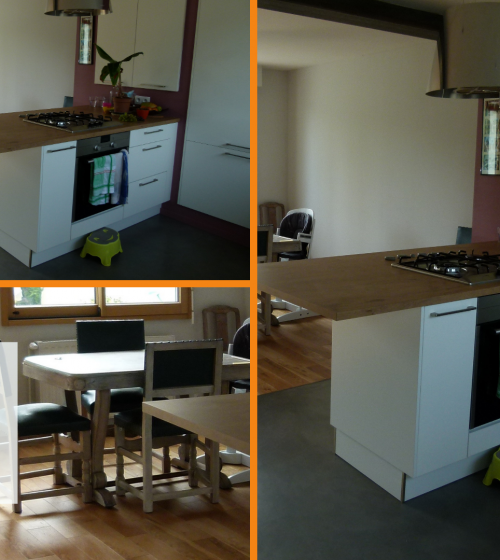 Cuisine rénovée près de Luxeuil – Rénovation moderne avec îlot central, sol mixte bois/béton et rangements optimisés. Un espace fonctionnel et chaleureux.