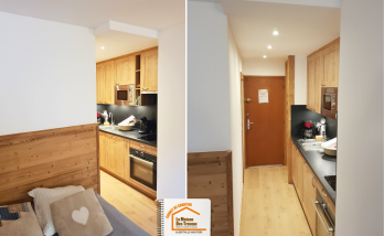 studio montagne rénové, parquet massif chaleureux, cuisine moderne petite surface, bardage bois studio, rénovation complète Savoie, La Maison des Travaux Albertville