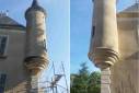 Dareizé (Rhône) : Rénovation de façade d'un château classé - zoom sur une tourelle avant après